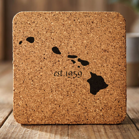 Hawaii square cork coaster engraved with the state outline and est. 1959