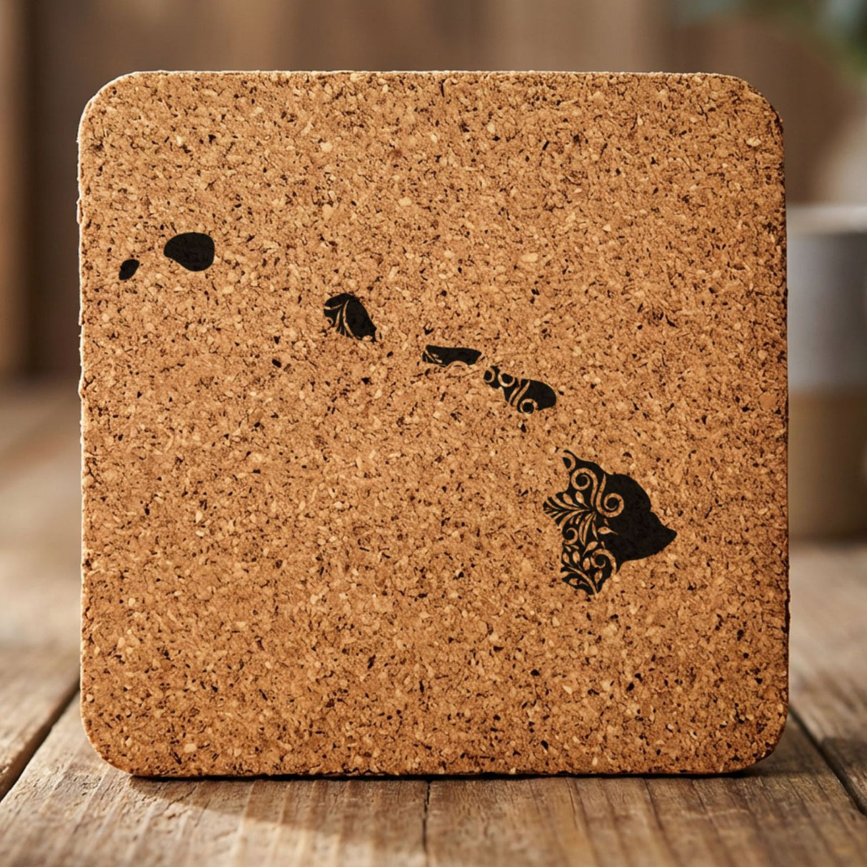 Hawaii square cork coaster engraved with the state shape in ornate floral scrollwork