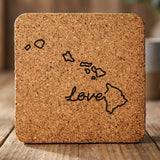 Hawaii square cork coaster engraved with a hand-drawn state outline and love in cursive