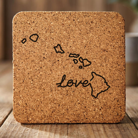 Hawaii square cork coaster engraved with a hand-drawn state outline and love in cursive