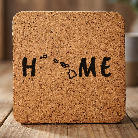 Hawaii square cork coaster engraved with HOME using the state outline as the letter O
