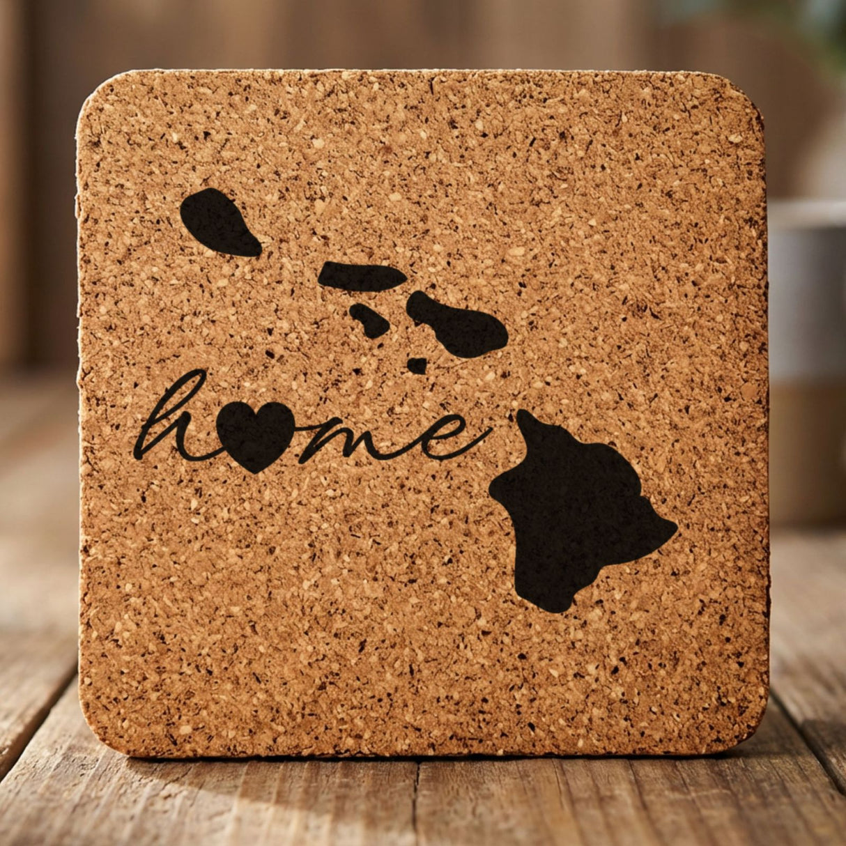 Hawaii square cork coaster engraved with the state outline and home in script with a heart