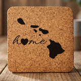 Hawaii square cork coaster engraved with the state outline and home in script with a heart