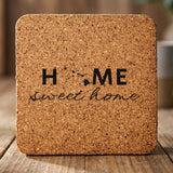 Hawaii square cork coaster engraved with HOME sweet home using the state shape as the letter O