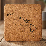 Hawaii square cork coaster engraved with the state outline and Hawaii in script lettering