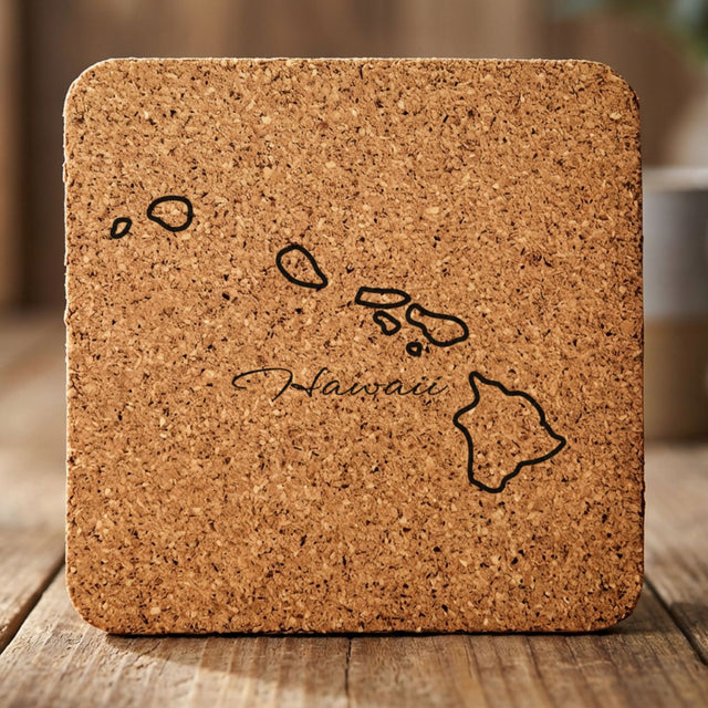 Hawaii square cork coaster engraved with the state outline and Hawaii in script lettering