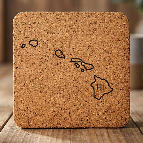 Hawaii square cork coaster engraved with the state outline and HI initials