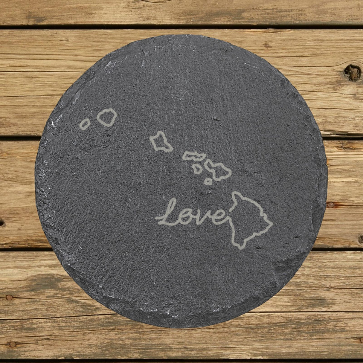 Hawaii round slate coaster engraved with a hand-drawn state outline and love in cursive