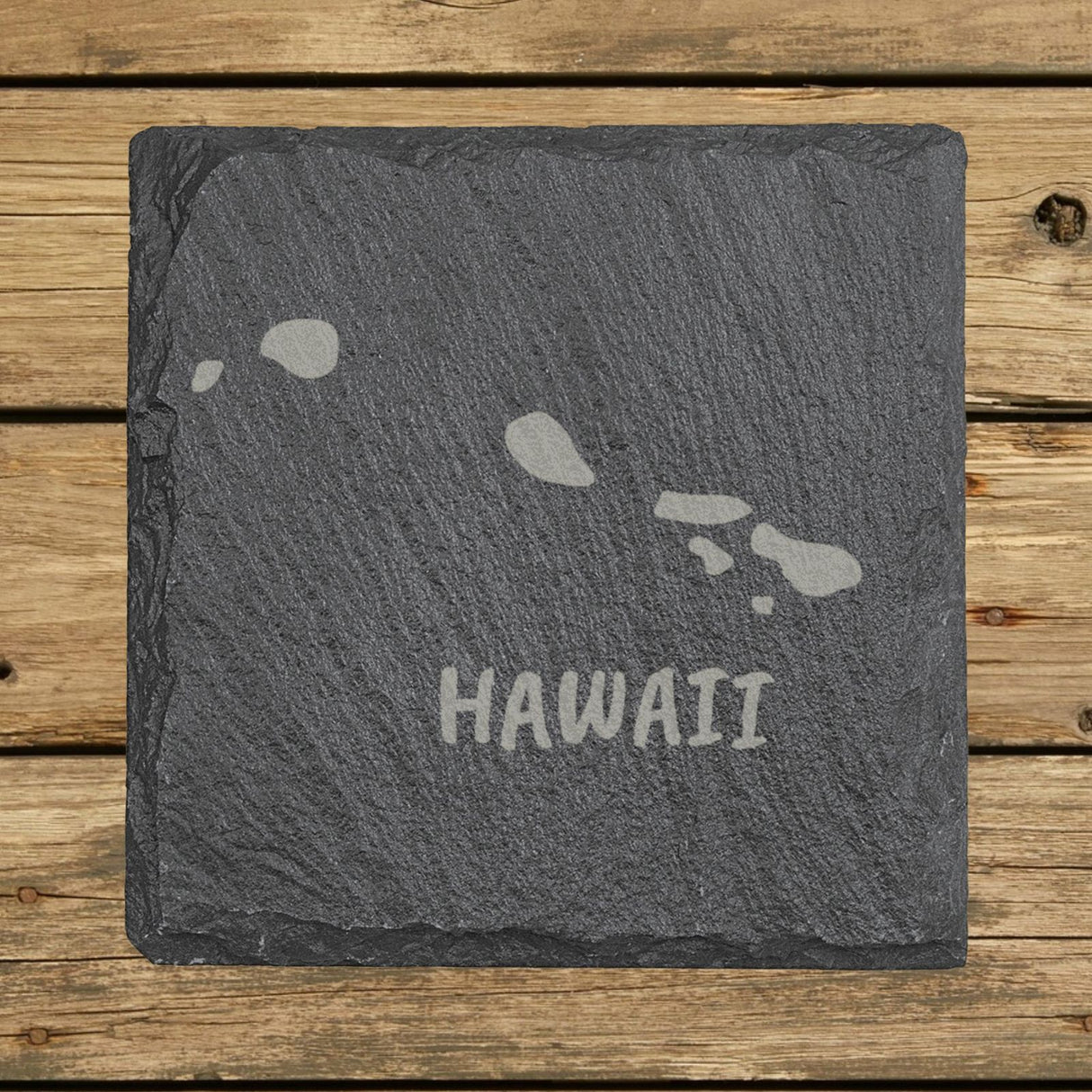 Hawaii square slate coaster engraved with the state outline and HAWAII in hand-drawn brush lettering