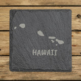 Hawaii square slate coaster engraved with the state outline and HAWAII in hand-drawn brush lettering