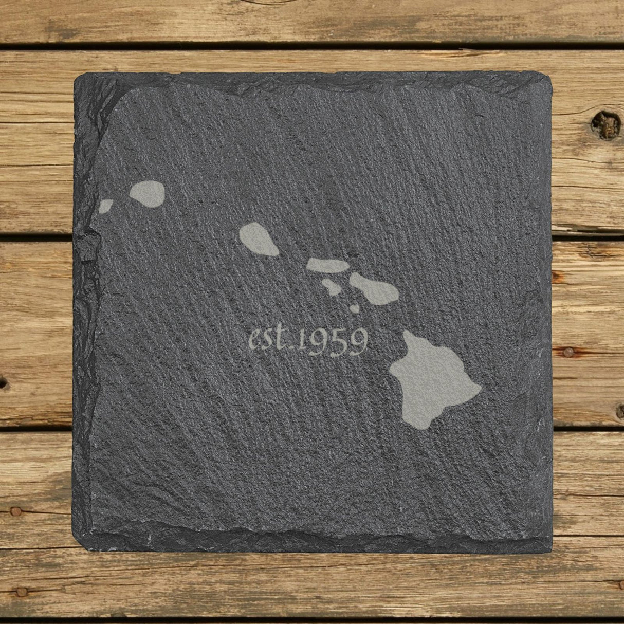 Hawaii square slate coaster engraved with the state outline and est. 1959