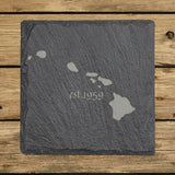 Hawaii square slate coaster engraved with the state outline and est. 1959