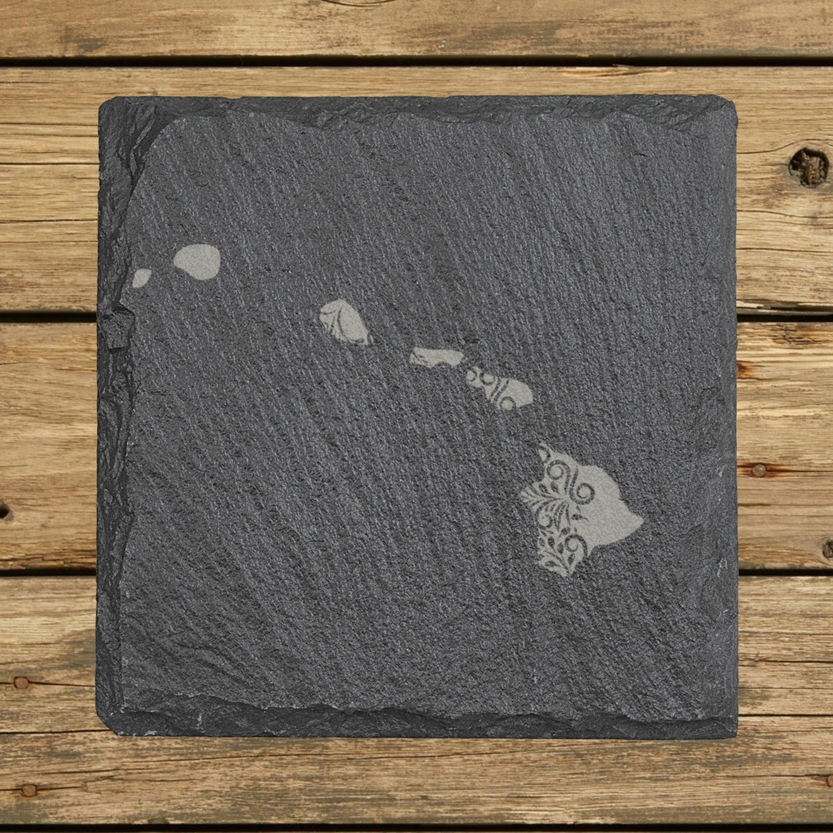 Hawaii square slate coaster engraved with the state shape in ornate floral scrollwork