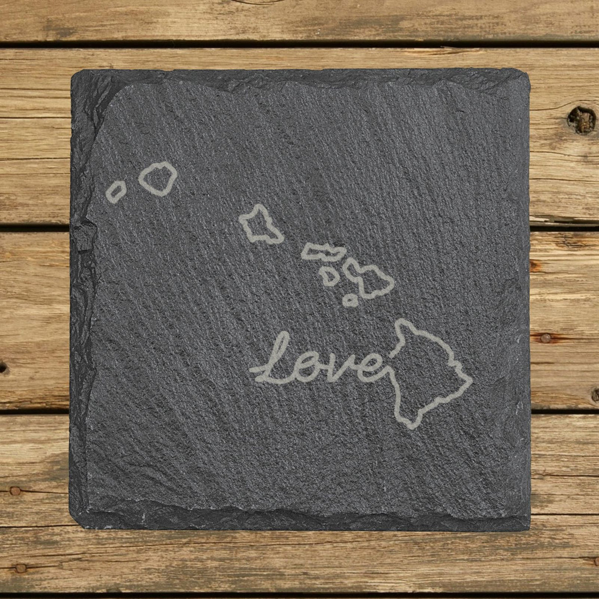 Hawaii square slate coaster engraved with a hand-drawn state outline and love in cursive