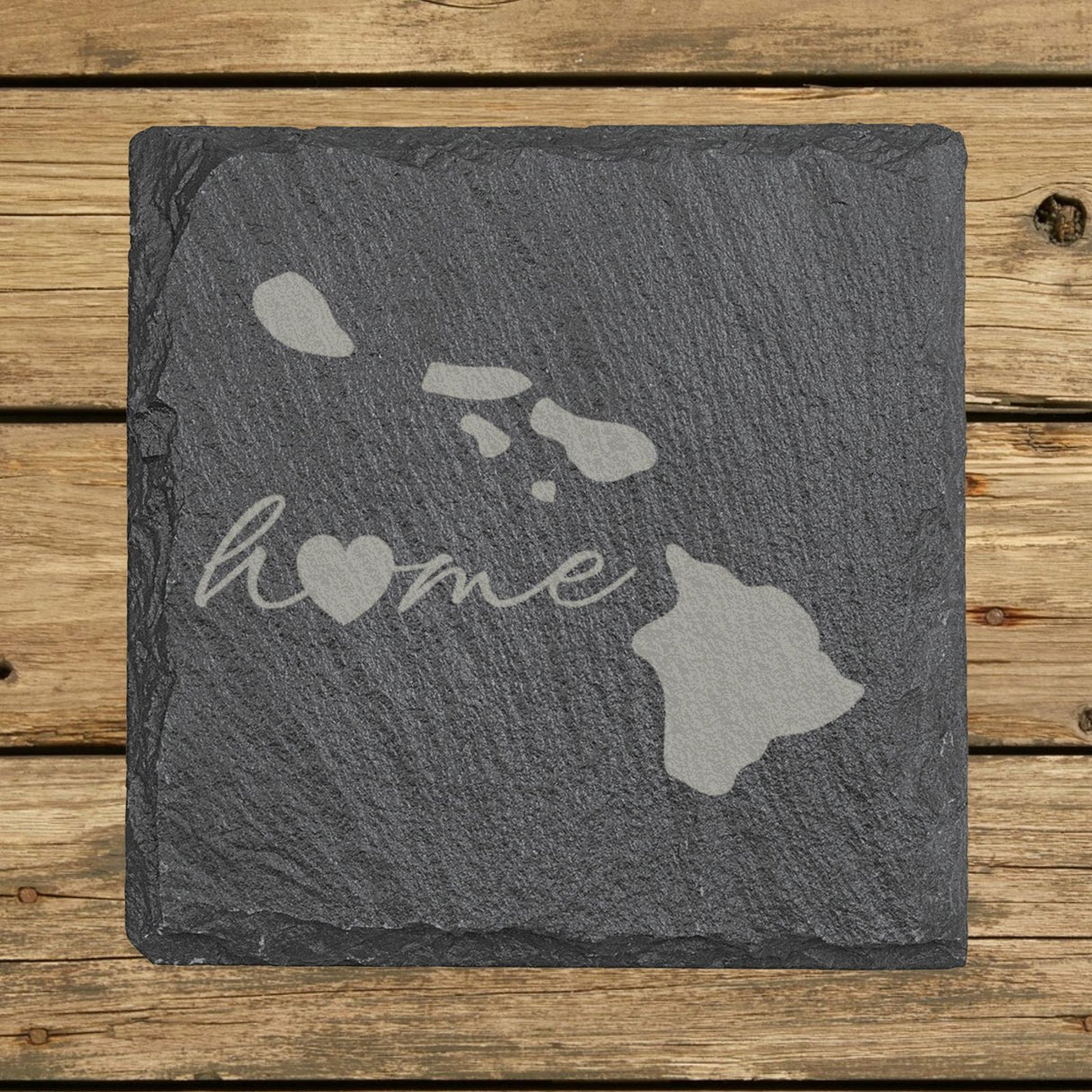 Hawaii square slate coaster engraved with the state outline and home in script with a heart