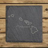 Hawaii square slate coaster engraved with the state outline and Hawaii in script lettering
