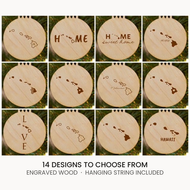 Hawaii wood Christmas ornament, laser engraved natural wood