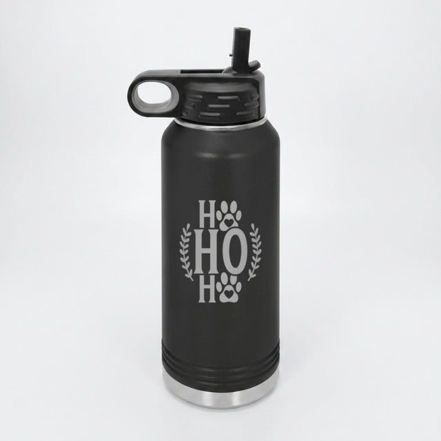 Black 32 oz insulated water bottle laser engraved with "Ho Ho Ho"
