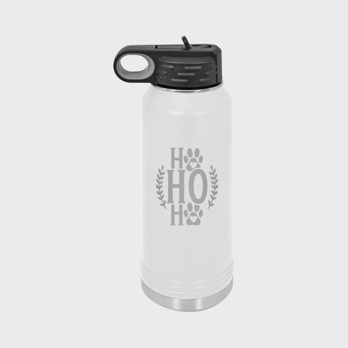 White 32 oz insulated water bottle laser engraved with "Ho Ho Ho"