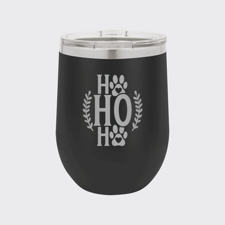 Black 12 oz stemless wine tumbler laser engraved with "Ho Ho Ho"