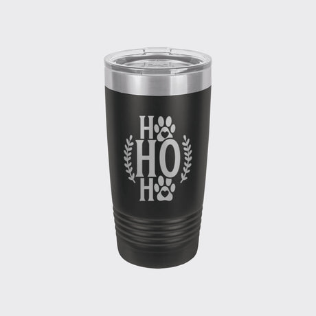 Black 20 oz tumbler laser engraved with "Ho Ho Ho"