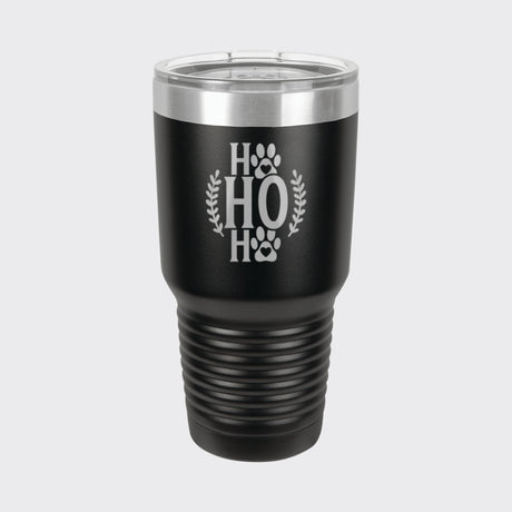 Black 30 oz tumbler laser engraved with "Ho Ho Ho"