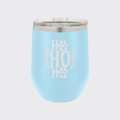 Light Blue 12 oz stemless wine tumbler laser engraved with "Ho Ho Ho"