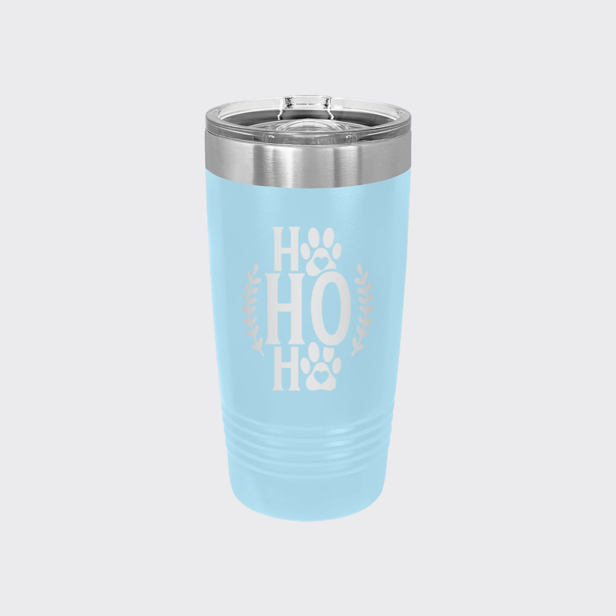 Light Blue 20 oz tumbler laser engraved with "Ho Ho Ho"