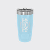 Light Blue 20 oz tumbler laser engraved with "Ho Ho Ho"