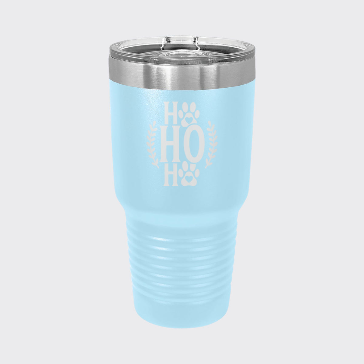 Light Blue 30 oz tumbler laser engraved with "Ho Ho Ho"