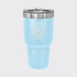 Light Blue 30 oz tumbler laser engraved with "Ho Ho Ho"