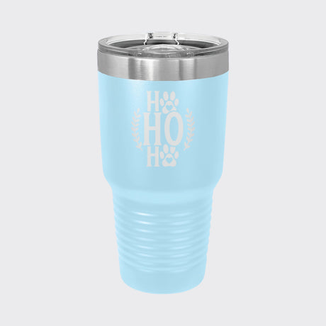 Light Blue 30 oz tumbler laser engraved with "Ho Ho Ho"