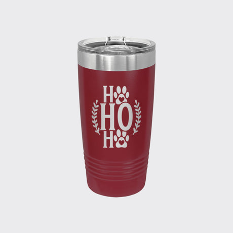 Maroon 20 oz tumbler laser engraved with "Ho Ho Ho"