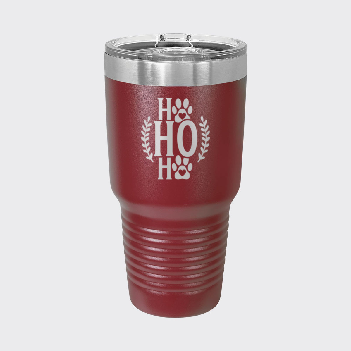 Maroon 30 oz tumbler laser engraved with "Ho Ho Ho"