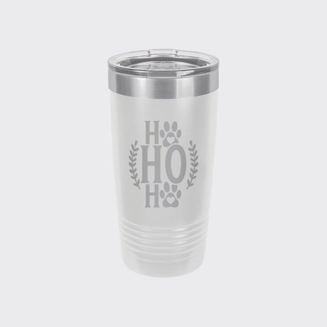 White 20 oz tumbler laser engraved with "Ho Ho Ho"