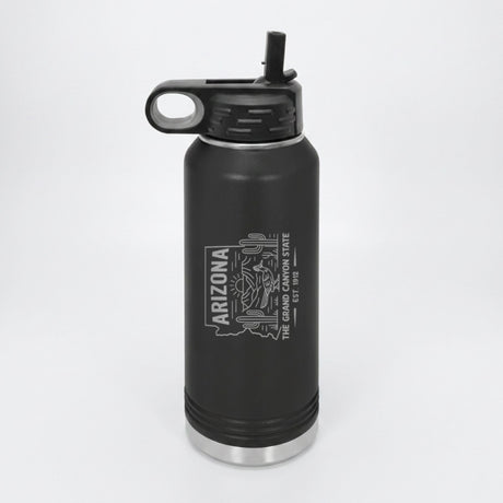 Black 32 oz insulated water bottle laser engraved with an Arizona design of saguaro cactus, a roadrunner and the Grand Canyon at sunrise