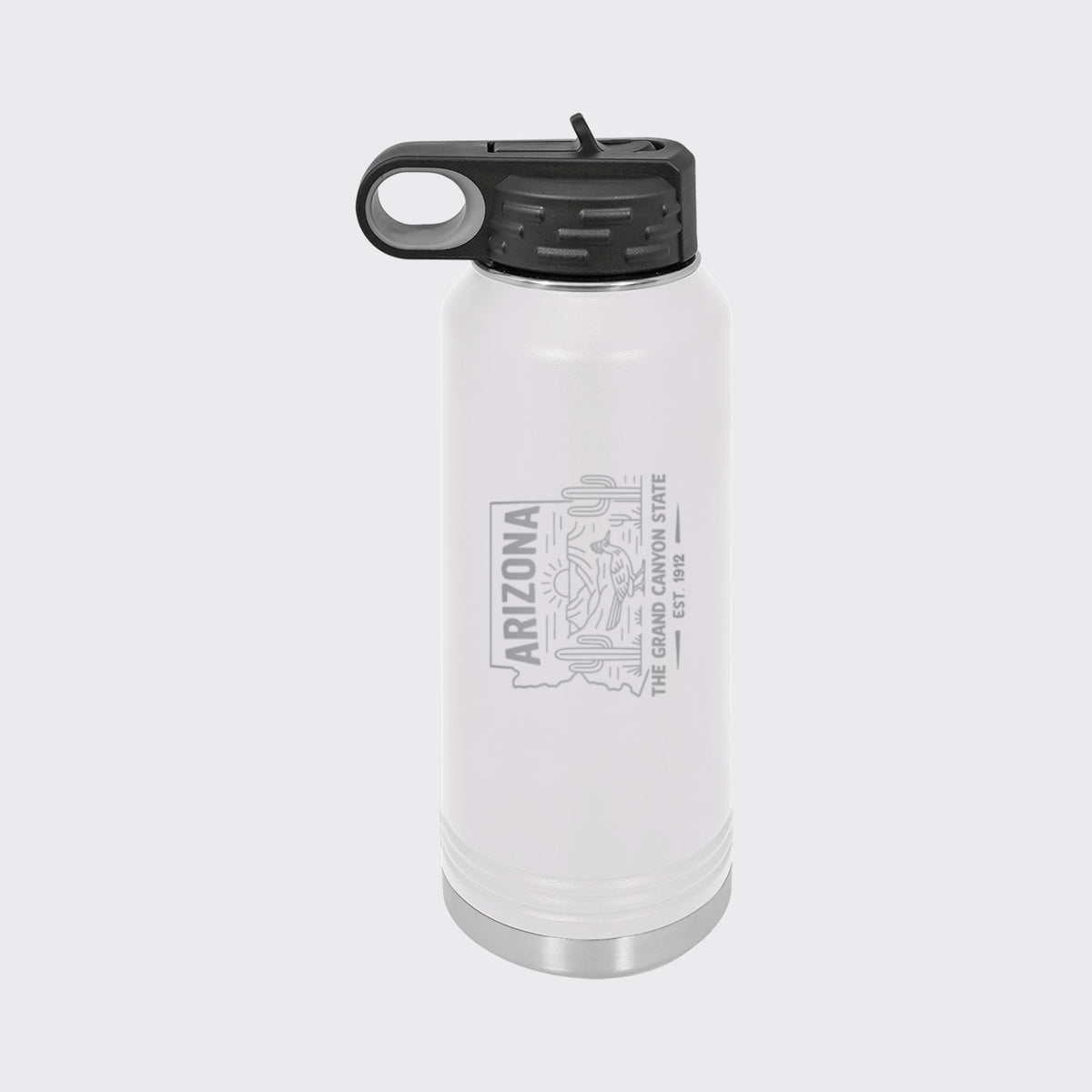 White 32 oz insulated water bottle laser engraved with an Arizona design of saguaro cactus, a roadrunner and the Grand Canyon at sunrise