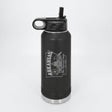 Black 32 oz insulated water bottle laser engraved with an Arkansas design of the capitol dome, an apple blossom and a mockingbird