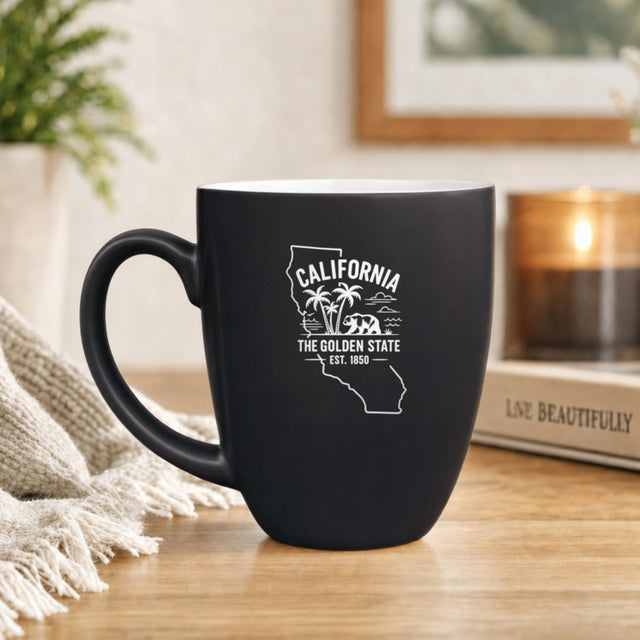 Black 16 oz ceramic coffee mug printed with the California state outline and The Golden State