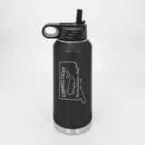Black 32 oz insulated water bottle laser engraved with a Connecticut design of a sperm whale