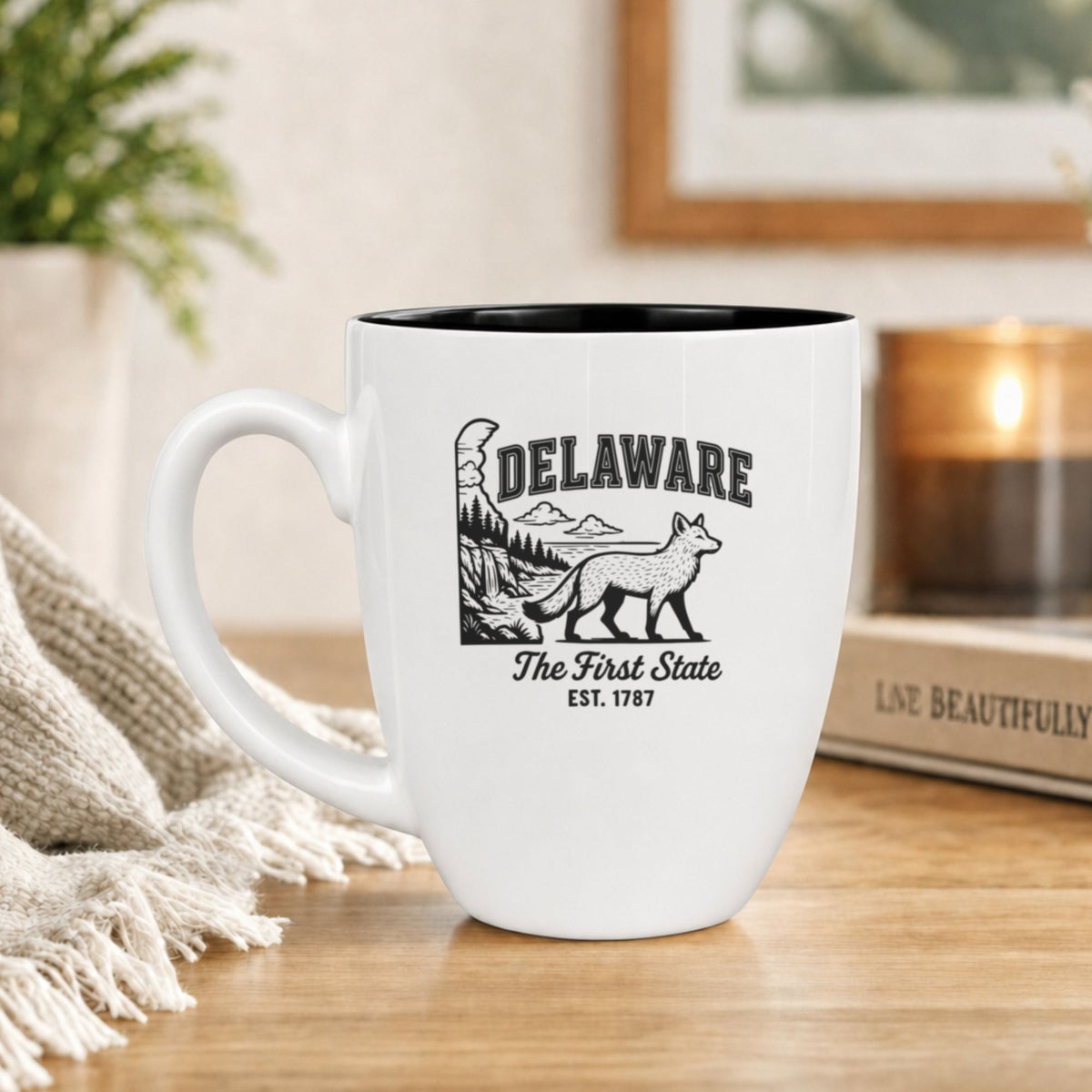 White 16 oz ceramic coffee mug printed with the Delaware state outline and The First State