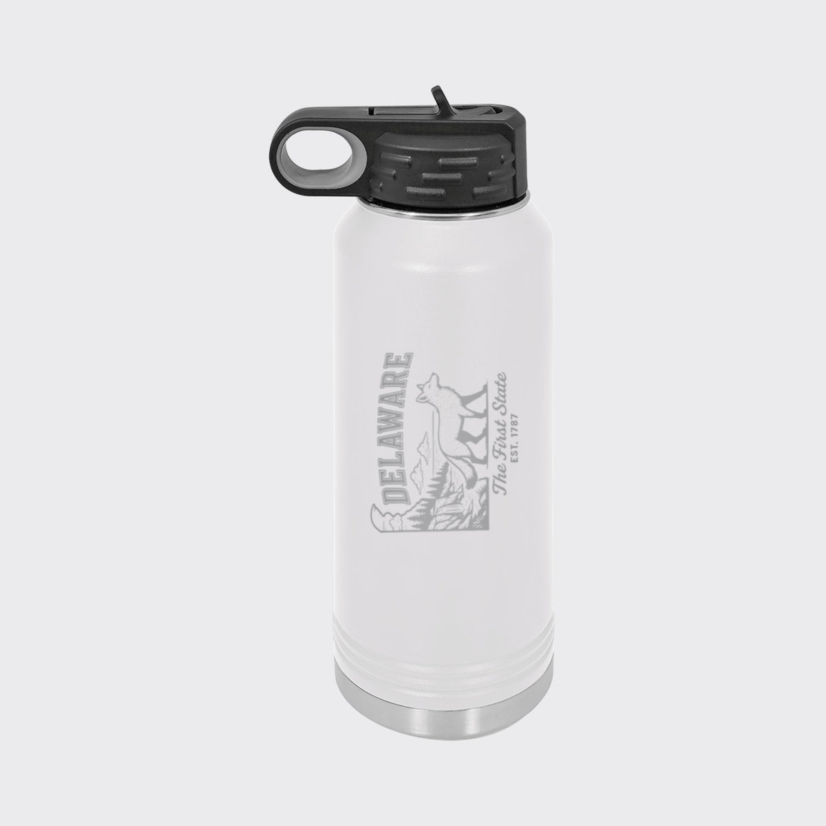 White 32 oz insulated water bottle laser engraved with a Delaware design of a gray fox, a waterfall and pine forest