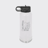 White 32 oz insulated water bottle laser engraved with a Delaware design of a gray fox, a waterfall and pine forest