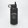 Black 32 oz insulated water bottle laser engraved with an Illinois design of the Chicago skyline and a bison