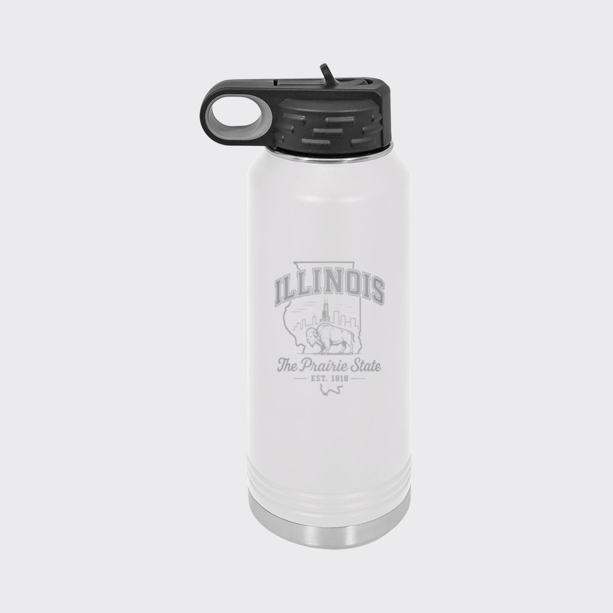 White 32 oz insulated water bottle laser engraved with an Illinois design of the Chicago skyline and a bison