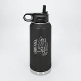 Black 32 oz insulated water bottle laser engraved with an Indiana design of a red barn, a race car and a torch