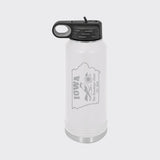 White 32 oz insulated water bottle laser engraved with an Iowa design of an American goldfinch and a sunflower