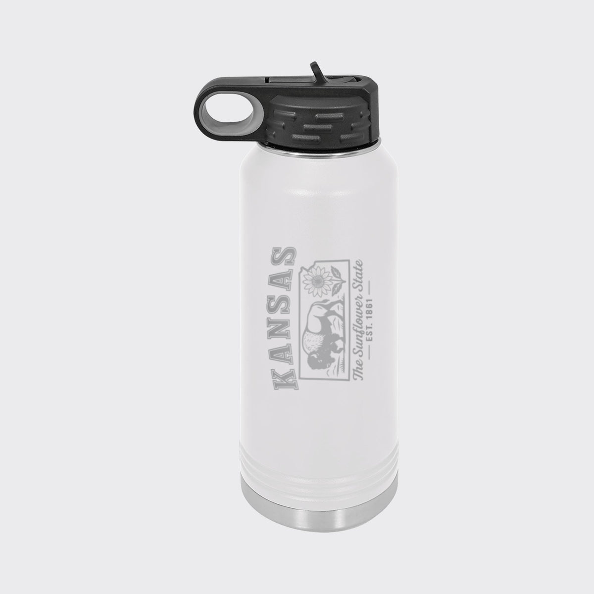 White 32 oz insulated water bottle laser engraved with a Kansas design of a bison and a sunflower