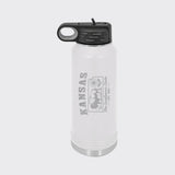 White 32 oz insulated water bottle laser engraved with a Kansas design of a bison and a sunflower