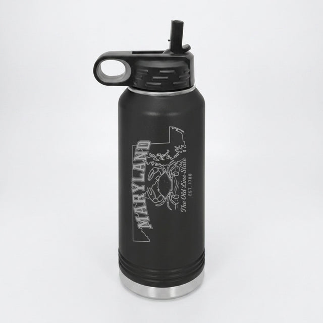 Black 32 oz insulated water bottle laser engraved with a Maryland design of a blue crab on the Chesapeake